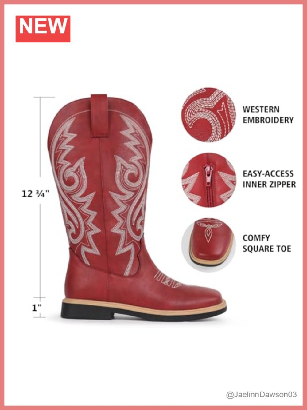 Hawkwell Faux Leather Cowboy Boots Square Toe Side Zipper Embroidered Mid Calf - Picture 5 of 6
